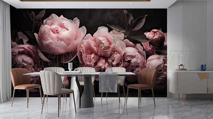 Wall mural - Pink peonies on a black background