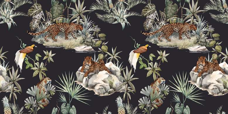 Wall Mural - Seamless print of animals in the jungle on a black background