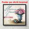 Постер - Розовые цветы в голубой вазе, 100 x 100 см, Постер в раме, Прованс