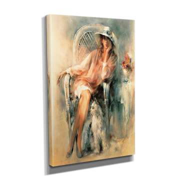 Постер - Гламурная леди в шляпе с кошкой, 60 x 90 см, Постер на Стекле в раме, Живопись