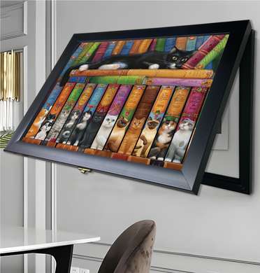 Мультифункциональная Картина - Кошки и книги, 40x60cm, Черная Рама
