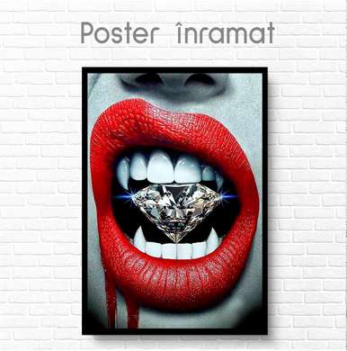 Постер - Красные губы и бриллиант, 60 x 90 см, Постер на Стекле в раме, Гламур