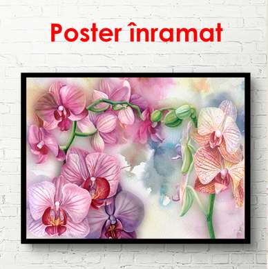 Poster - Purple orchids on a watercolor background, 90 x 60 см, Framed poster, Botanical