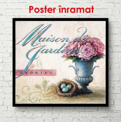 Постер - Розовые цветы в голубой вазе, 100 x 100 см, Постер в раме, Прованс
