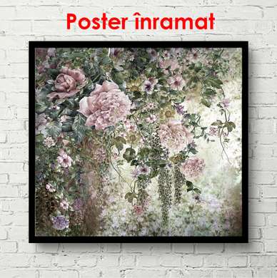 Poster - Pink peony on the background of the botanical park, 100 x 100 см, Framed poster, Botanical