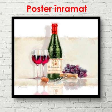 Poster - Sticla de vin cu un pahar pe masa, 100 x 100 см, 90 x 60 см, Poster înrămat, Provence
