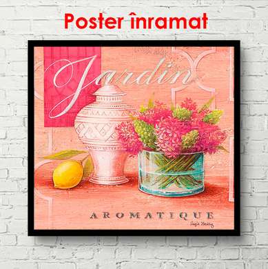 Постер - Ваза с розовыми цветами на розовом фоне, 100 x 100 см, Постер в раме, Прованс