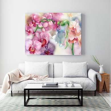 Poster - Purple orchids on a watercolor background, 90 x 60 см, Framed poster, Botanical