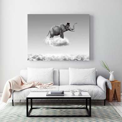Постер - Черно белый слон в облаках, 90 x 60 см, Постер в раме