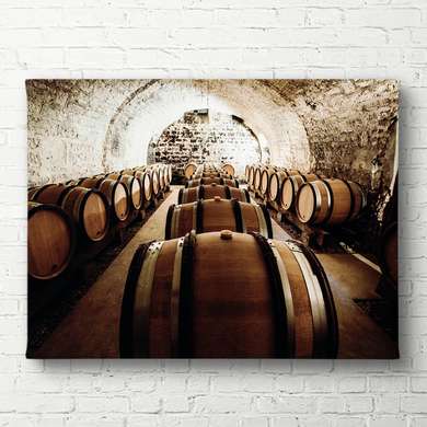 Poster - Barrels in a wine cellar, 90 x 60 см, Framed poster on glass, Interior