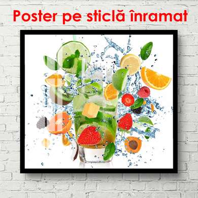Poster - Glass with fruits and splashes of water, 100 x 100 см, Framed poster on glass, Food and Drinks