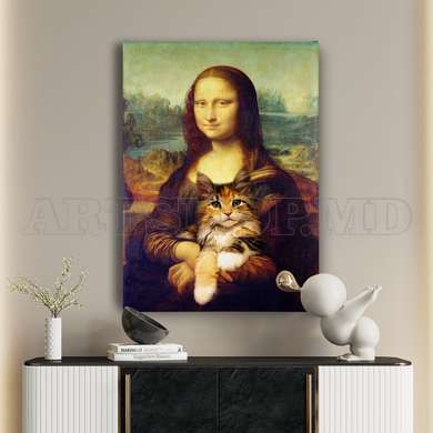 Poster - Mona Lisa with the cat, 60 x 90 см, Framed poster on glass, Picturi