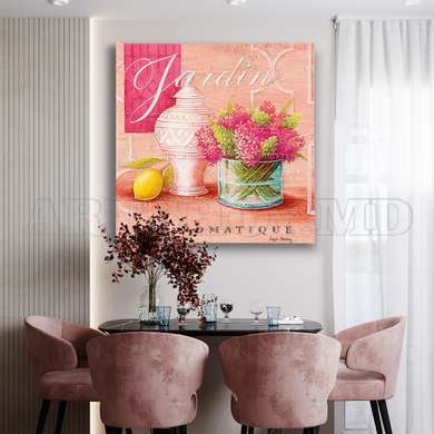 Poster - Vaza cu flori roz pe un fundal roz, 100 x 100 см, Poster inramat pe sticla, Provence