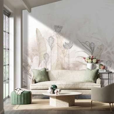 Wall Mural - Outlines of flowers and leaves on a gentle background