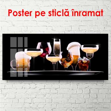 Poster - Set de diverse băuturi pe fond negru, 90 x 45 см, Poster inramat pe sticla
