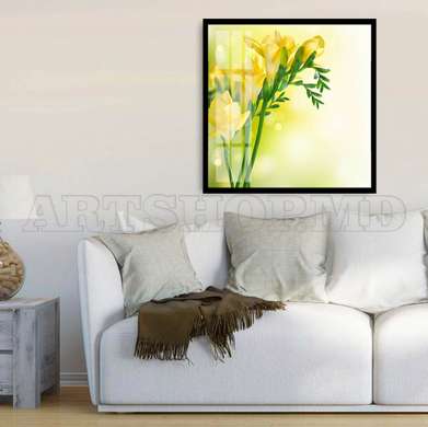 Постер - Желтые цветы на нежном фоне, 100 x 100 см, Постер в раме, Цветы
