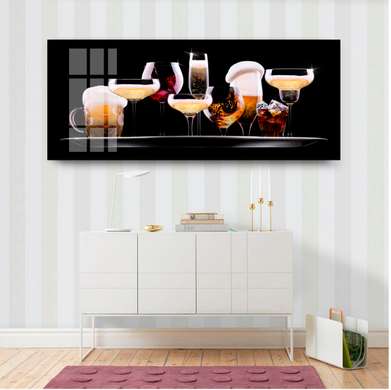 Постер - Набор различных напитков на черном фоне, 60 x 30 см, Холст на подрамнике