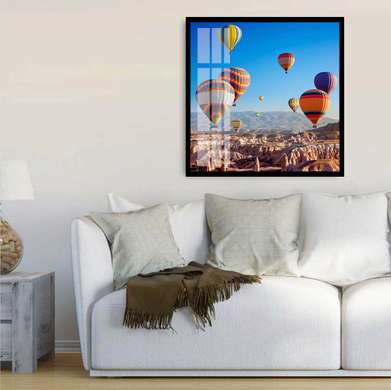 Poster - Balloons in the sky, 100 x 100 см, Framed poster on glass, Nature