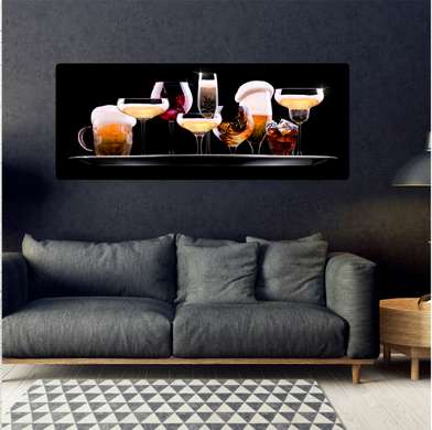 Poster - Set de diverse băuturi pe fond negru, 90 x 45 см, Poster inramat pe sticla