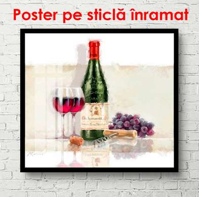 Постер - Бутылка вина с бокалом на столе, 100 x 100 см, 90 x 60 см, Постер в раме, Прованс