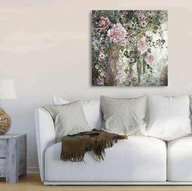 Poster - Pink peony on the background of the botanical park, 100 x 100 см, Framed poster, Botanical