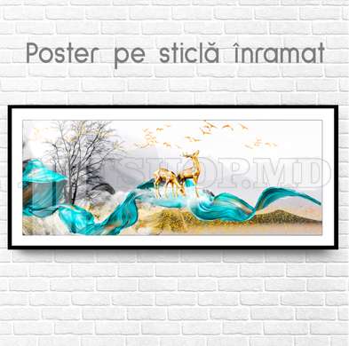 Постер - Золотые олени на абстрактном фоне, 90 x 30 см, Холст на подрамнике, Гламур