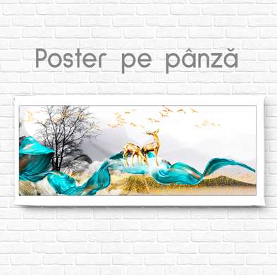 Poster - Golden deer on an abstract background, 90 x 30 см, Canvas on frame