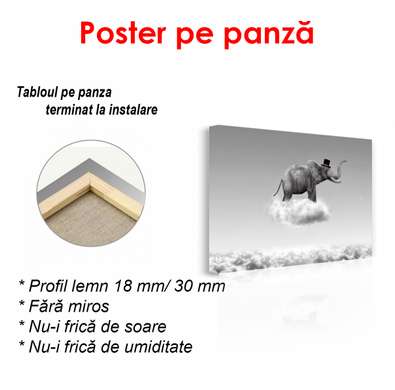 Постер - Черно белый слон в облаках, 90 x 60 см, Постер в раме