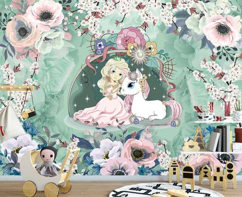 Nursery Wall Mural - Girl and unicorn