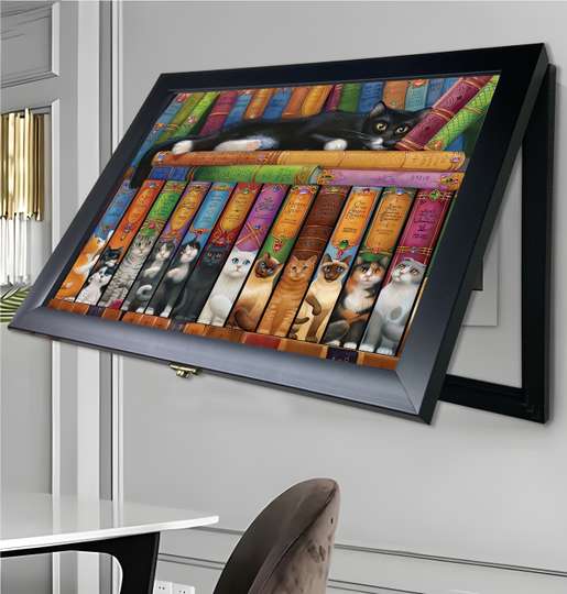 Multifunctional Wall Art - Cats and Books, 40x60cm, Black Frame