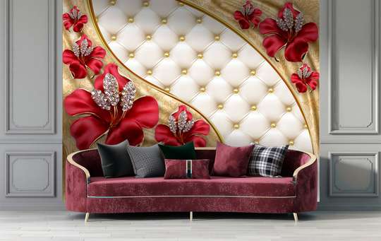Wall Mural - Scarlet flowers brooches on a leather background
