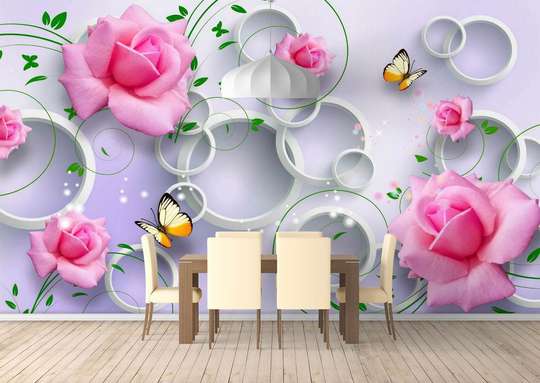 Фотообои - Бабочки и розовые розы и белые круги