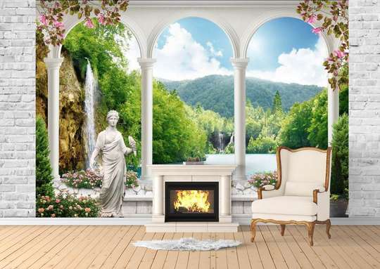 Wall mural overlooking the lake through the arched windows.