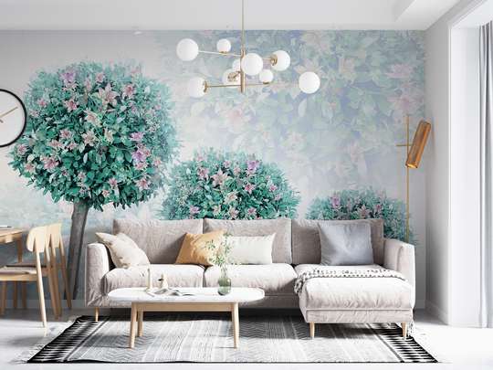 Wall Mural - Flowering trees on a foggy background