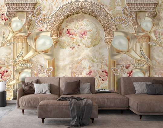 Wall Mural - Golden flowers on an abstract background with columns and an arch