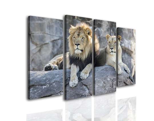 Tablou Pe Panza Multicanvas, Leul și leoaica stau pe piatră, 198 x 115