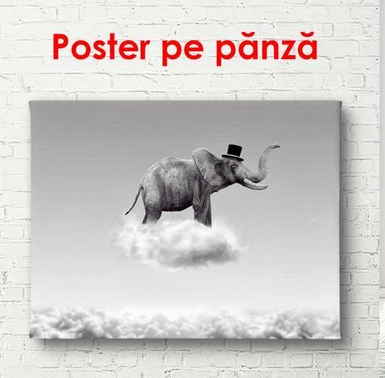 Poster - Black and white elephant in the clouds, 90 x 60 см, Framed poster