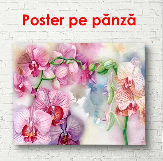 Постер - Фиолетовые орхидеи на акварельном фоне, 90 x 60 см, Постер в раме