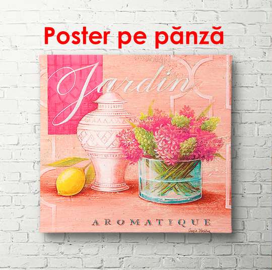 Постер - Ваза с розовыми цветами на розовом фоне, 100 x 100 см, Постер в раме