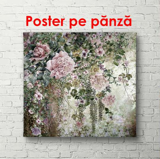 Poster - Pink peony on the background of the botanical park, 100 x 100 см, Framed poster