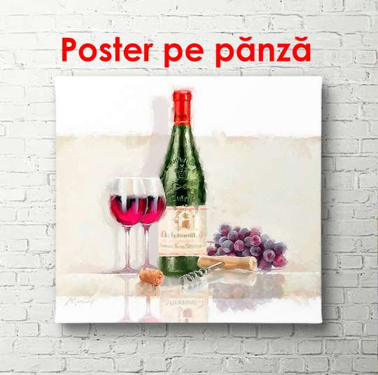 Постер - Бутылка вина с бокалом на столе, 100 x 100 см, 90 x 60 см, Постер в раме