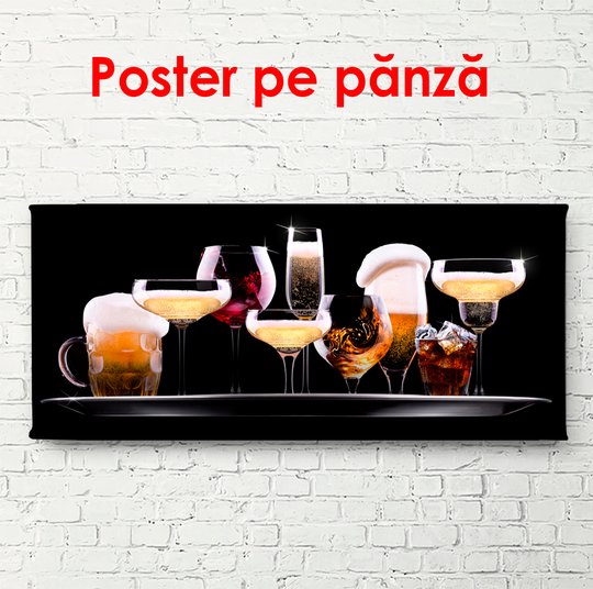 Poster, Set de diverse băuturi pe fond negru, 60 x 30 см, Panza pe cadru