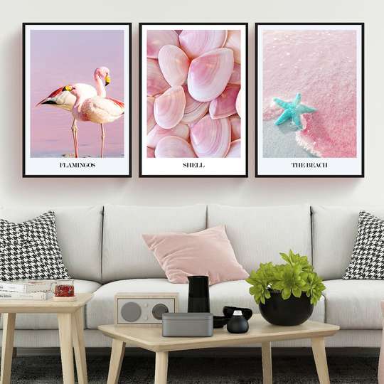 Poster - Flamingo-scoici-plajă, 40 x 60 см, Poster inramat pe sticla