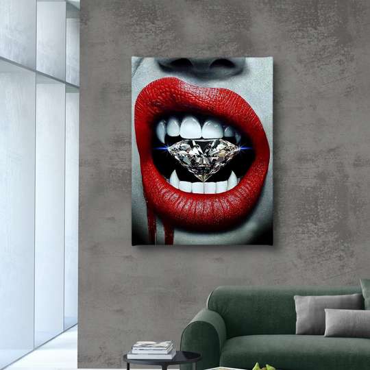Poster - Red lips and diamond, 30 x 45 см, Canvas on frame, Glamour
