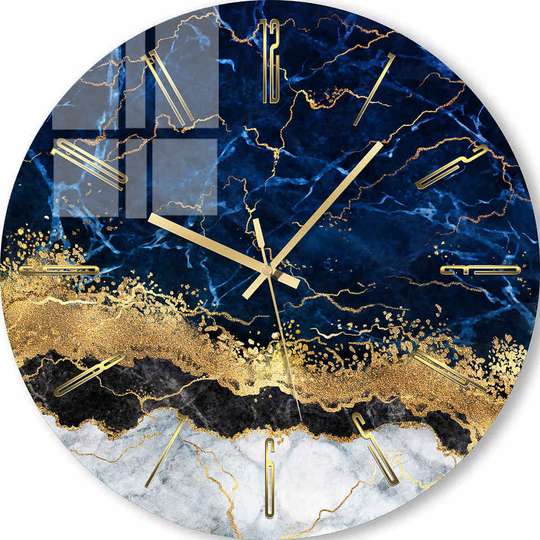 Ceas din sticlă - Marmură albastră cu elemente aurii, 30cm