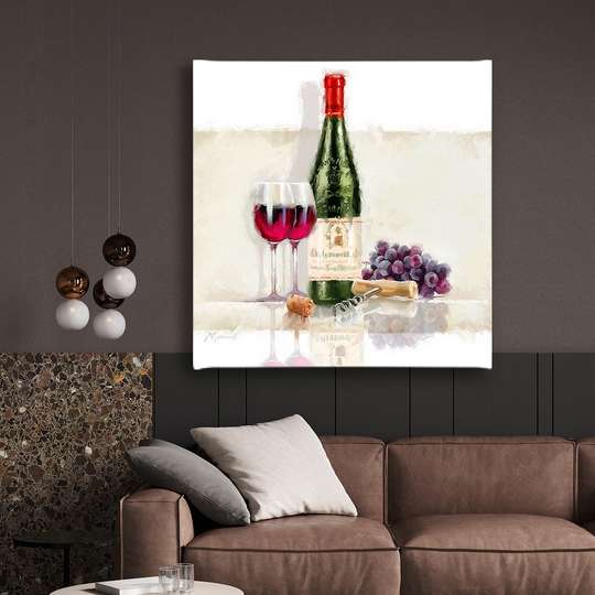 Poster - A bottle of wine with a glass on the table, 100 x 100 см, 90 x 60 см, Framed poster, Provence
