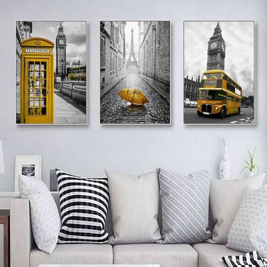 Poster - Yellow city elements, 40 x 60 см, Framed poster on glass