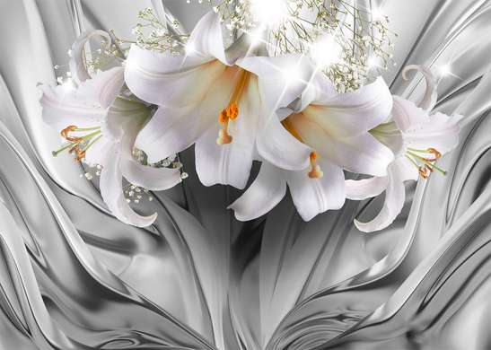 3Д Фотообои - Белые лилии на сером абстрактном фоне