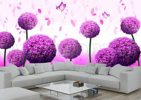 3D Wallpaper - Purple flowers and butterflies on the background of a flower field