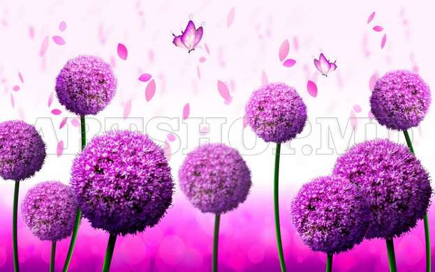 3D Wallpaper - Purple flowers and butterflies on the background of a flower field